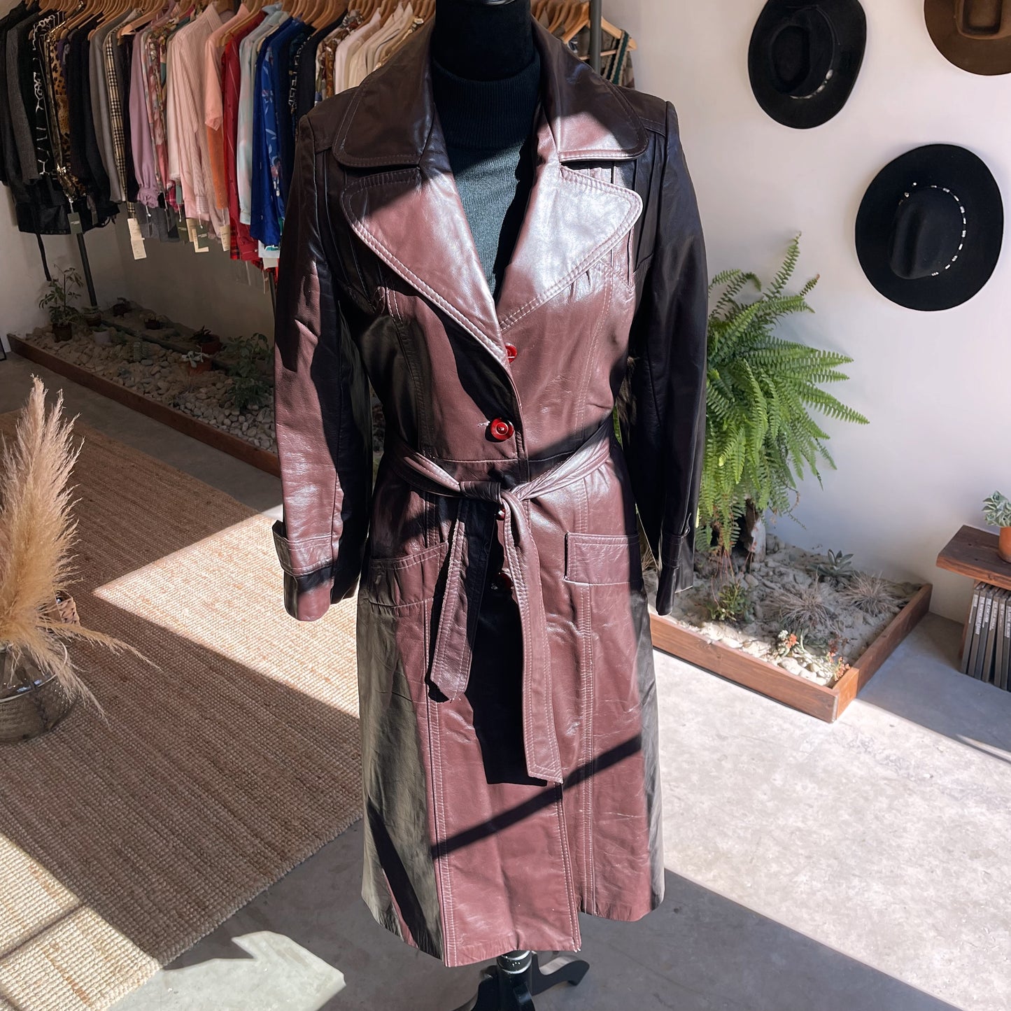 Vintage Leather Trench in Wine