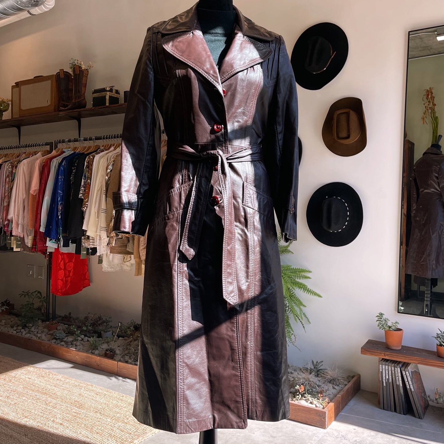 Vintage Leather Trench in Wine